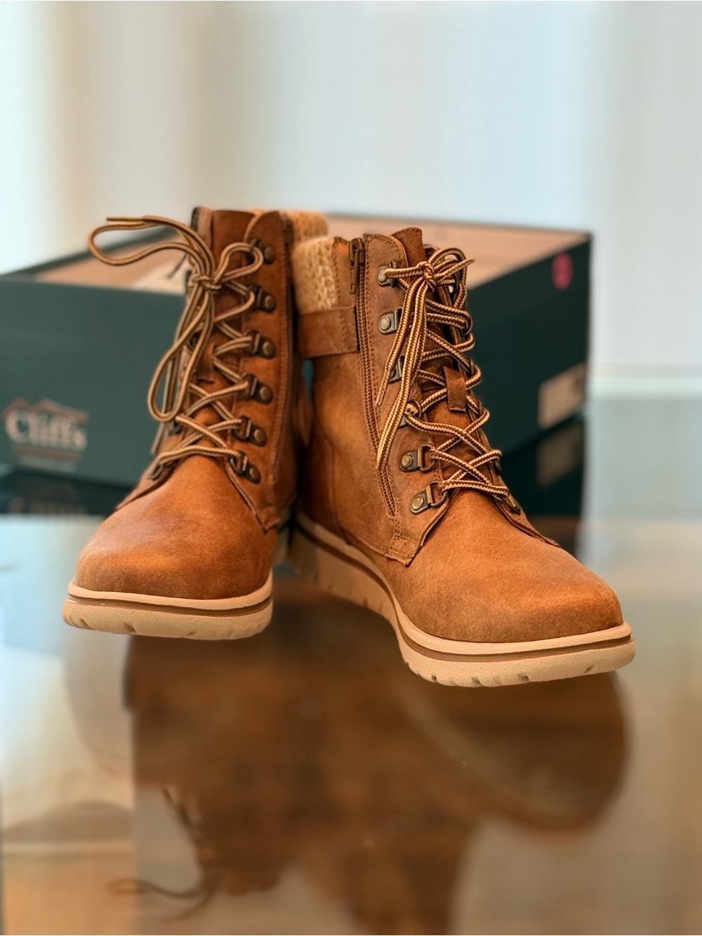 Cliffs Cognac Brown Suede Lace-Up with Side Zip Ankle Boots - Picture 3 of 9